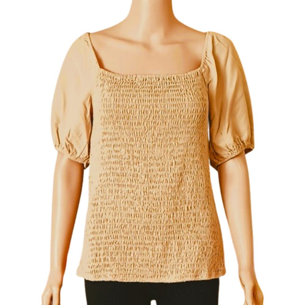 Women's Shirred Tan Top XL Square Neck Puff Short Sleeve Blouse